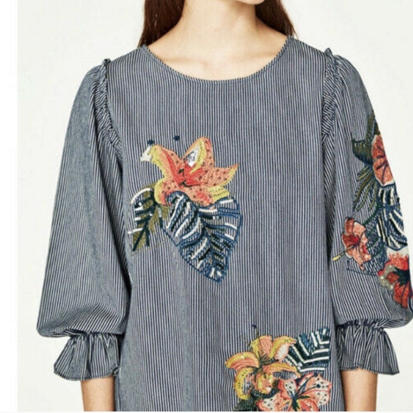 Zara striped balloon sleeve top with embroidery details - Picture 1 of 8
